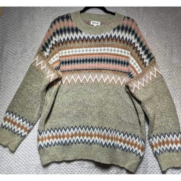 &MERCI Geometric Jacquard Knit Sweater Multicolored Comfy Soft Large - Picture 2 of 11